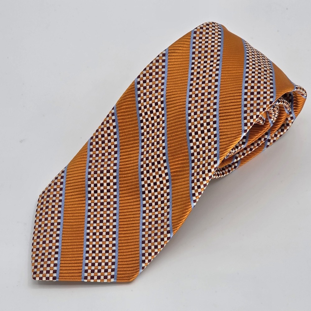 Kuhlman Men's 100% Silk Necktie Orange Striped Hand Sewn Designer Made In Italy